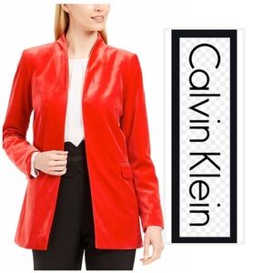 Calvin Klein Women’s Velvet Long Blazer Red Open Front Size 6